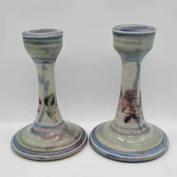 Other - Set of Two Pottery Candle Holder ,Signed Earthy Colors Light Blue Green